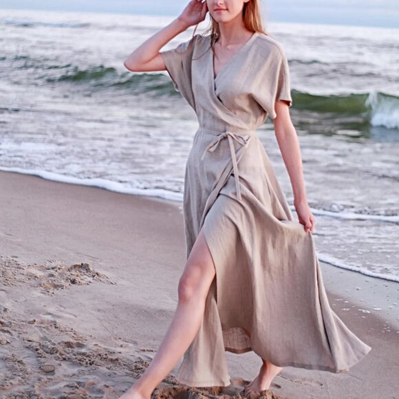 Linen Wrap Maxi Dress | Eggplant Color | Size M - Picture 1 of 10